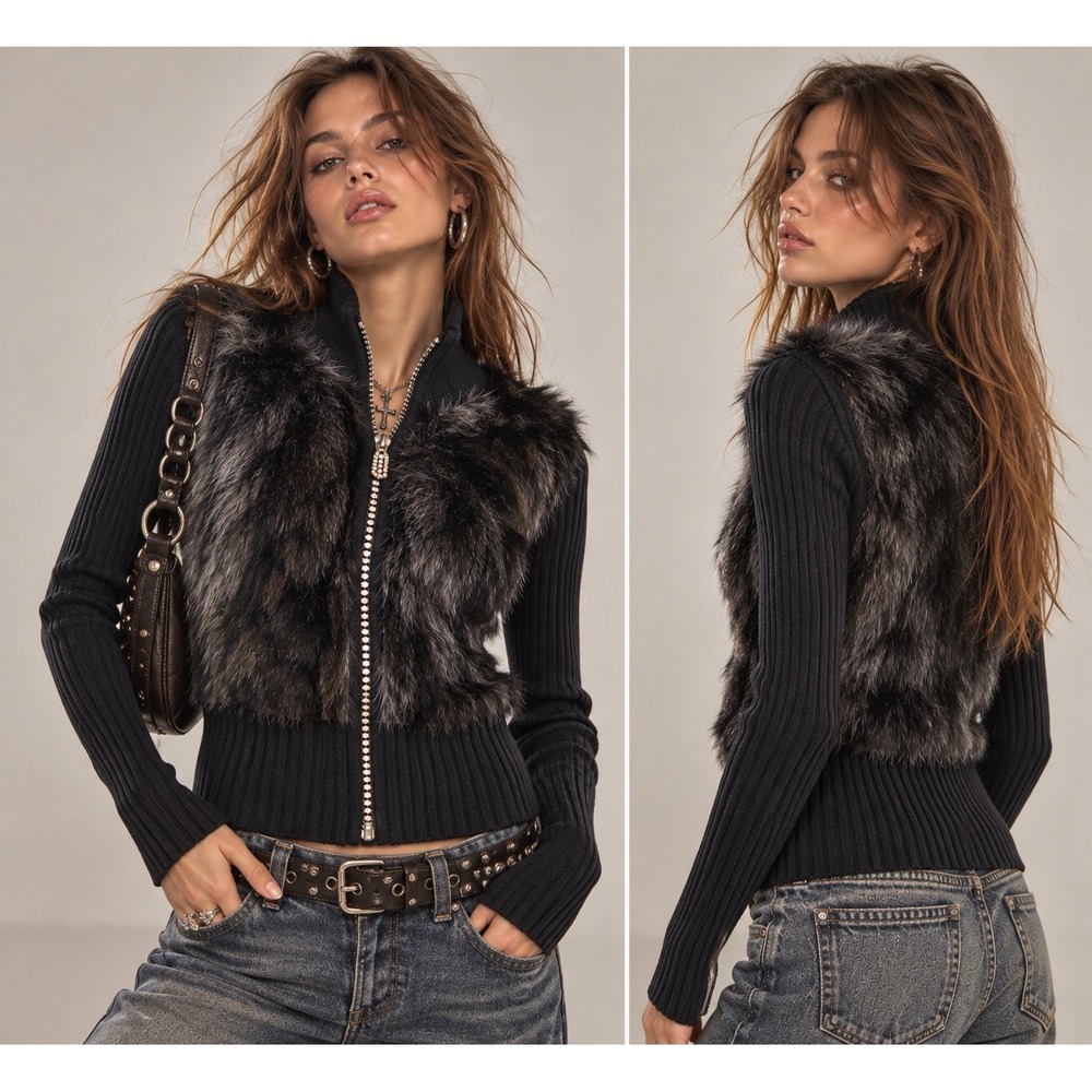 Belldini Fur Trim Zip Up Sweater L Black Rhinestone Ribbed Y2K Indie Luxury Chic
